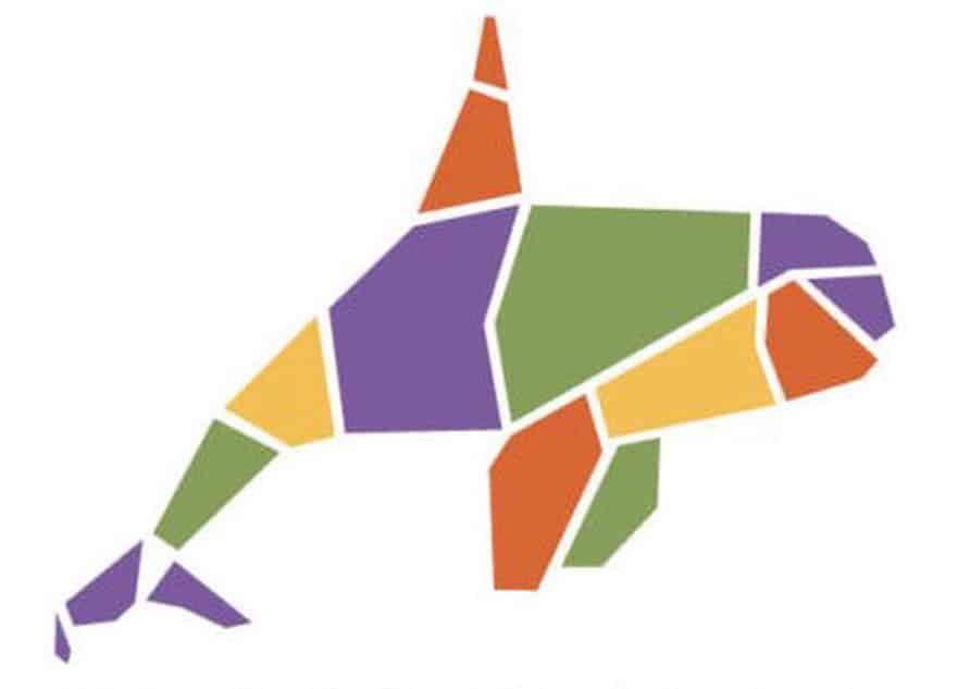 Orcas Center logo of a colored whale