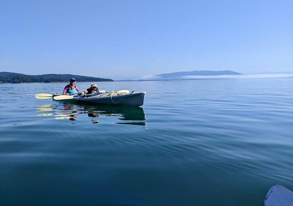 Father and child in a kayak on calm sea with islands and fog in the background
